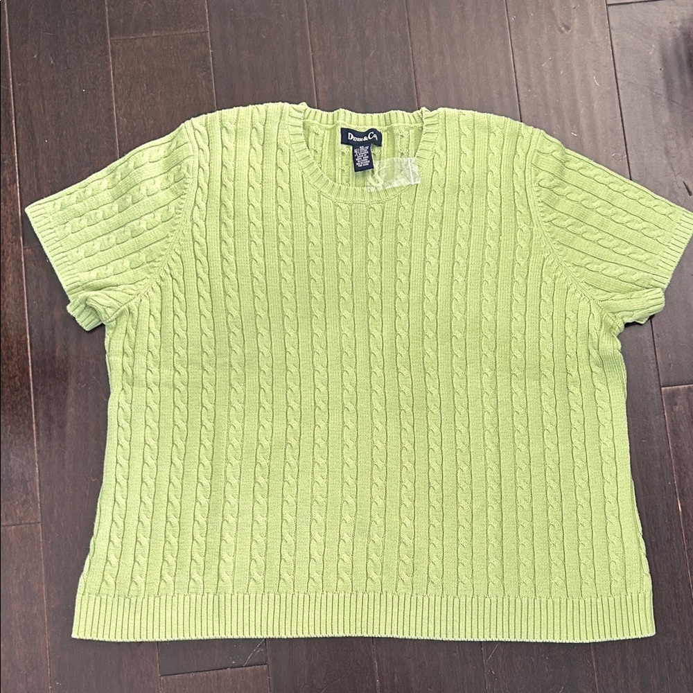 Denim & Co Lime Green Cable Knit Crewneck Sweater